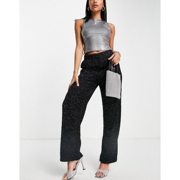 NWT Vero Moda fluffy wide leg pants in black glitter Size XL - Picture 1 of 9